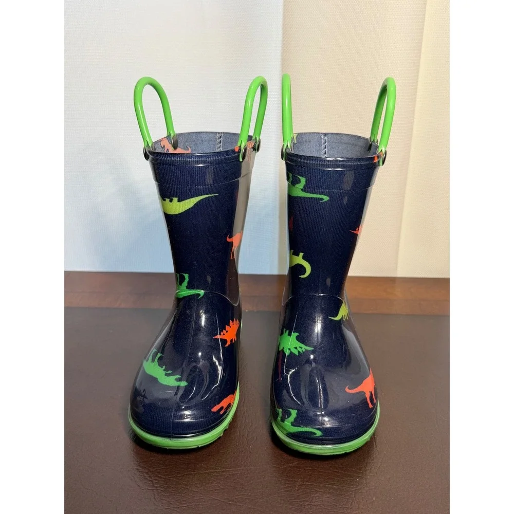 Kids Navy Blue Dinosaur Print Waterproof Rain Boots Pull On Green Handles 6-7